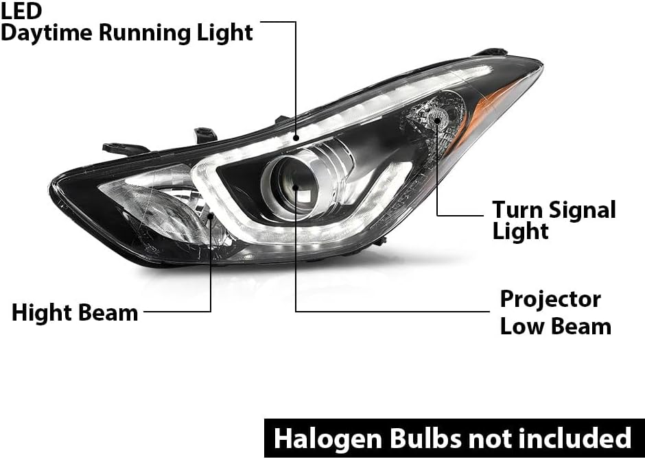 G-PLUS Headlight DRL LED Projector Right Passenger Compatible with Hyundai Elantra 2014-2016 Clear Lens Black Housing Amber Reflector Bumper Headlamps,faros delanteros