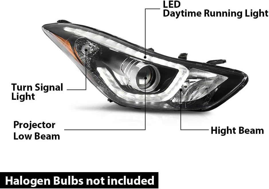 G-PLUS Headlight DRL LED Projector Right Passenger Compatible with Hyundai Elantra 2014-2016 Clear Lens Black Housing Amber Reflector Bumper Headlamps,faros delanteros