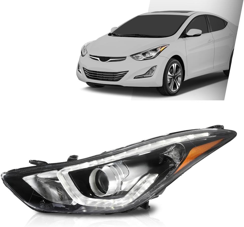 G-PLUS Headlight DRL LED Projector Right Passenger Compatible with Hyundai Elantra 2014-2016 Clear Lens Black Housing Amber Reflector Bumper Headlamps,faros delanteros