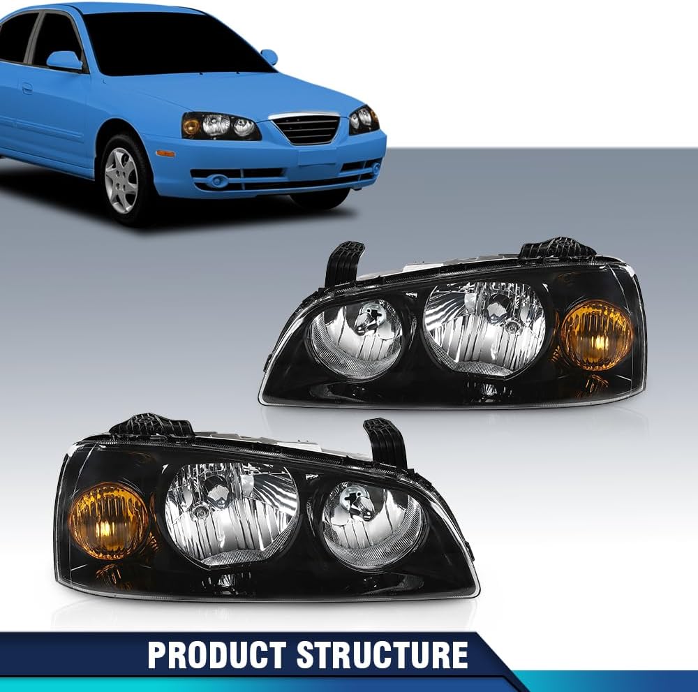 Headlight Assembly Compatible with 2017 2018 Hyundai Elantra Front Halogen Headlamp Replacement Driver & Passenger Side Black Housing Amber Reflector