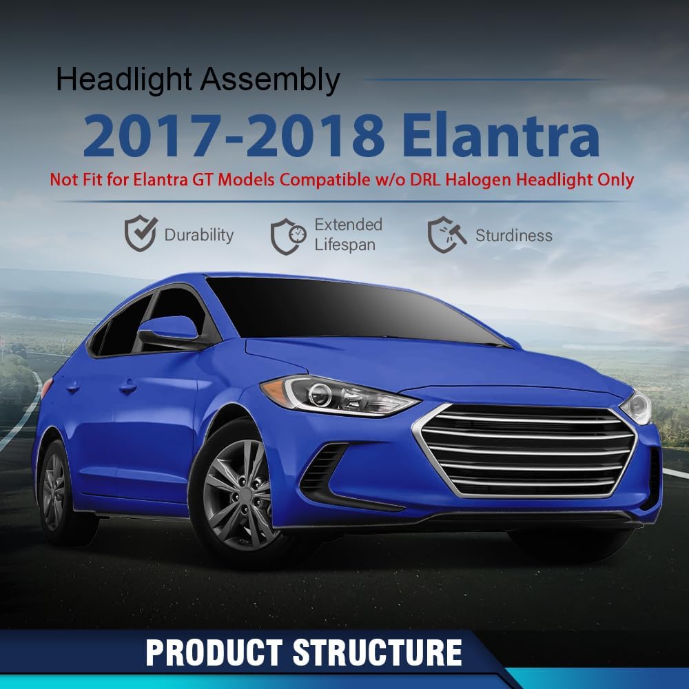 Headlight Assembly Compatible with 2017 2018 Hyundai Elantra Front Halogen Headlamp Replacement Driver & Passenger Side Black Housing Amber Reflector