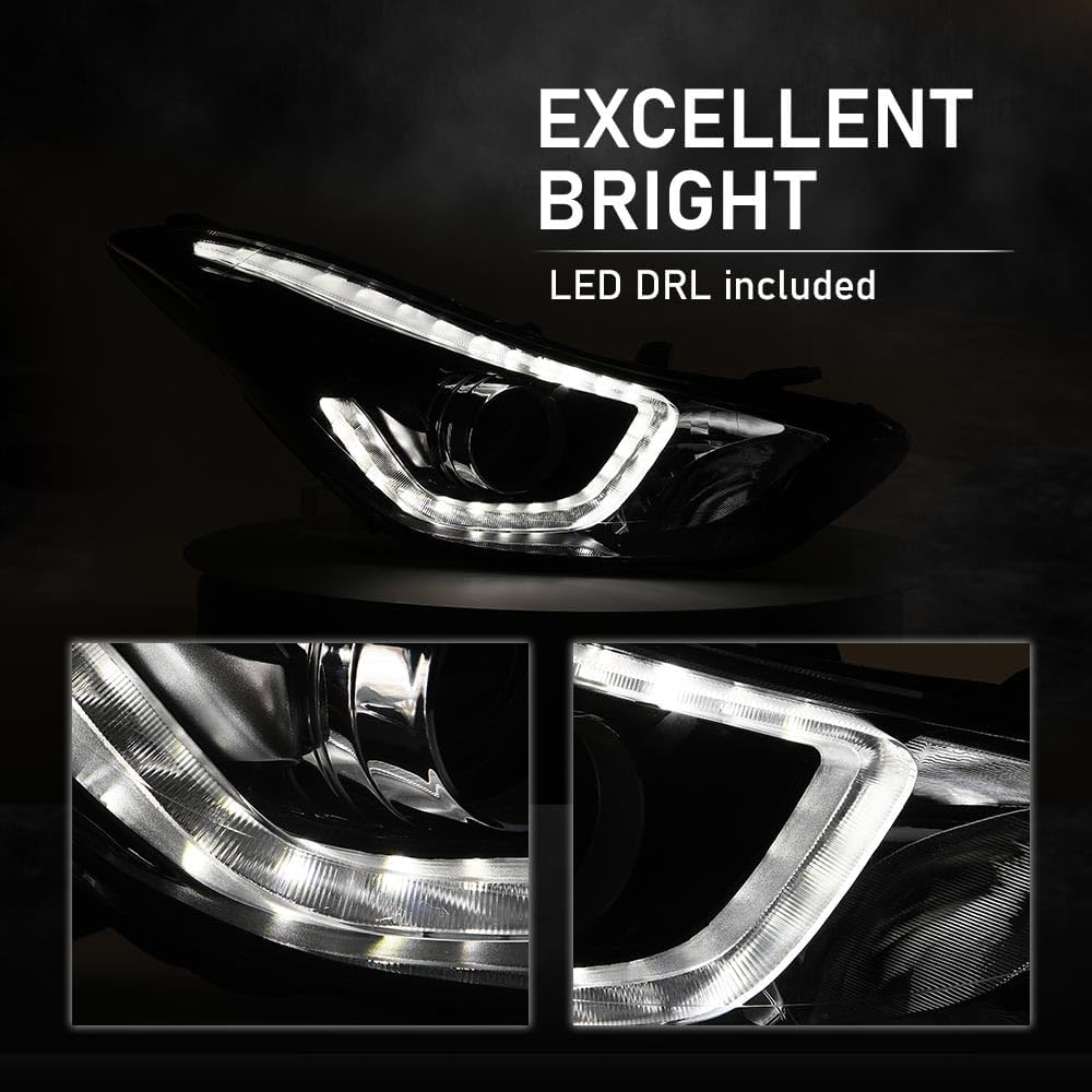 G-PLUS Headlight DRL LED Projector Right Passenger Compatible with Hyundai Elantra 2014-2016 Clear Lens Black Housing Amber Reflector Bumper Headlamps,faros delanteros