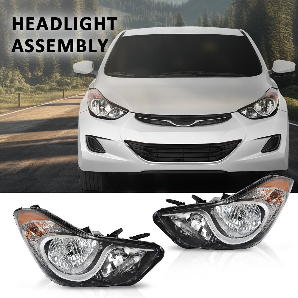 G-PLUS Headlight DRL LED Projector Right Passenger Compatible with Hyundai Elantra 2014-2016 Clear Lens Black Housing Amber Reflector Bumper Headlamps,faros delanteros