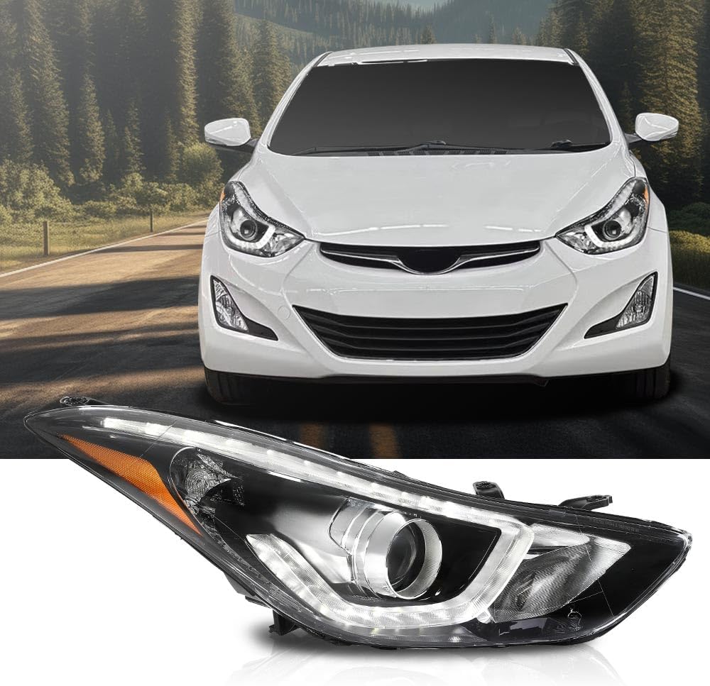 G-PLUS Headlight DRL LED Projector Right Passenger Compatible with Hyundai Elantra 2014-2016 Clear Lens Black Housing Amber Reflector Bumper Headlamps,faros delanteros
