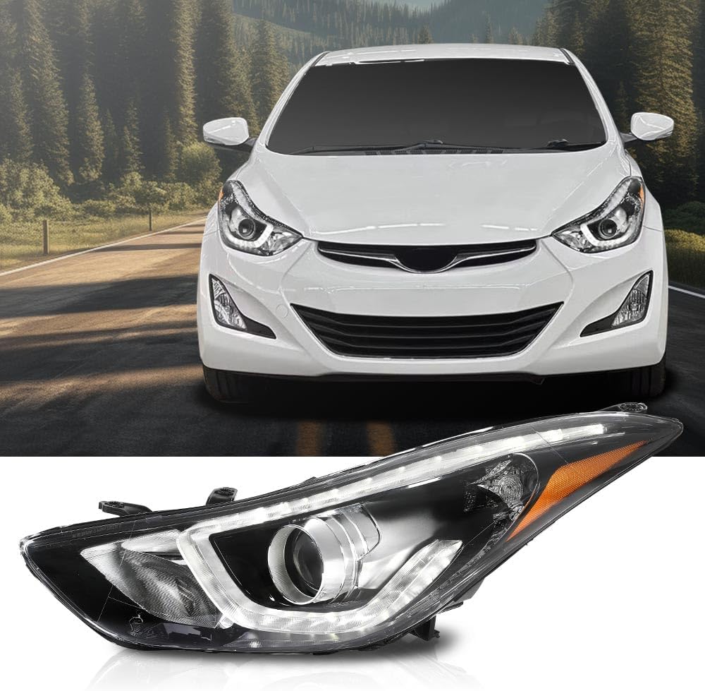 G-PLUS Headlight DRL LED Projector Right Passenger Compatible with Hyundai Elantra 2014-2016 Clear Lens Black Housing Amber Reflector Bumper Headlamps,faros delanteros
