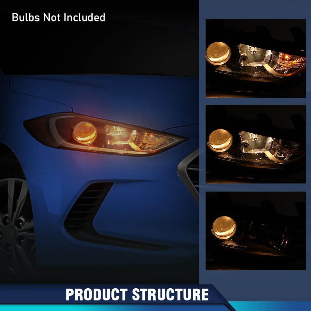 Headlight Assembly Compatible with 2017 2018 Hyundai Elantra Front Halogen Headlamp Replacement Driver & Passenger Side Black Housing Amber Reflector