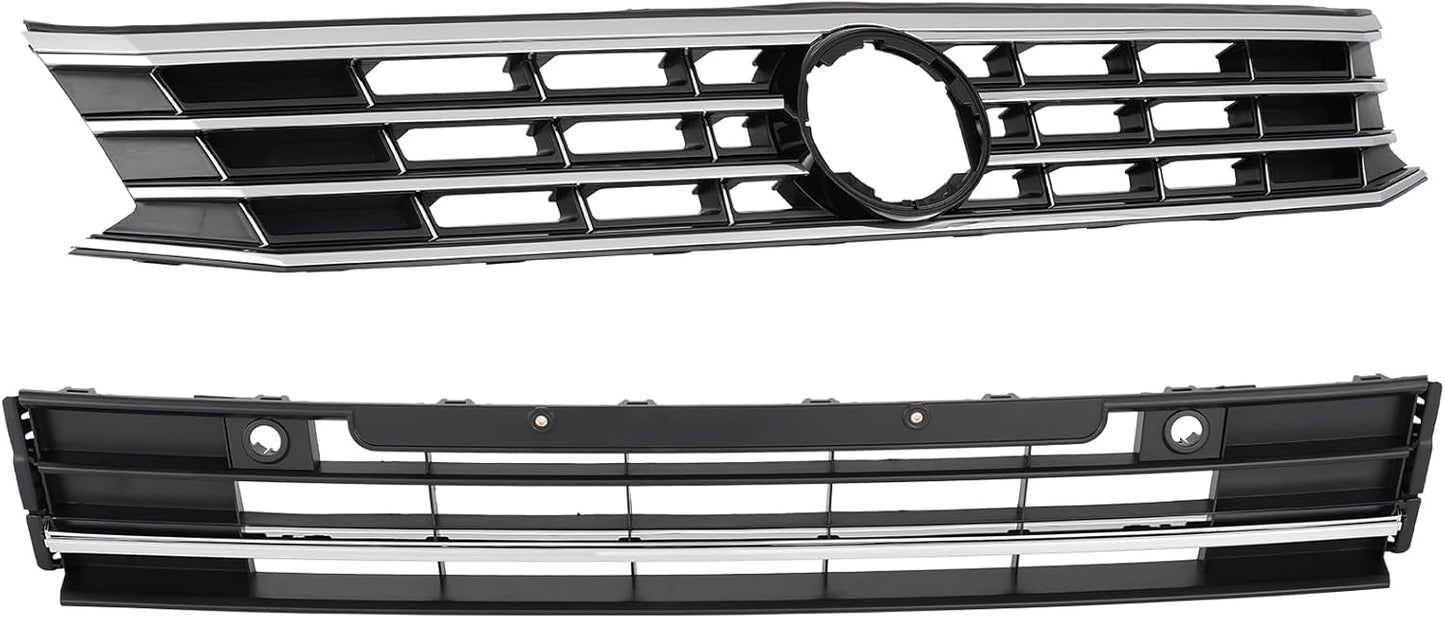 body kit Front Bumper Upper Lower Grille + Fog Lamp Cover w/Fog Light & Reflector Compatible with 2016-2019 VW Volkswagen Passat