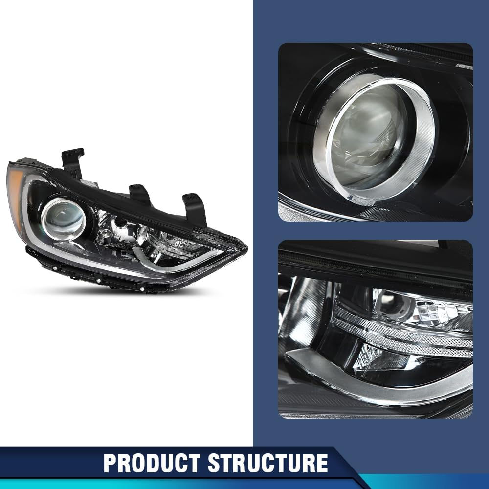 Headlight Assembly Compatible with 2017 2018 Hyundai Elantra Front Halogen Headlamp Replacement Driver & Passenger Side Black Housing Amber Reflector