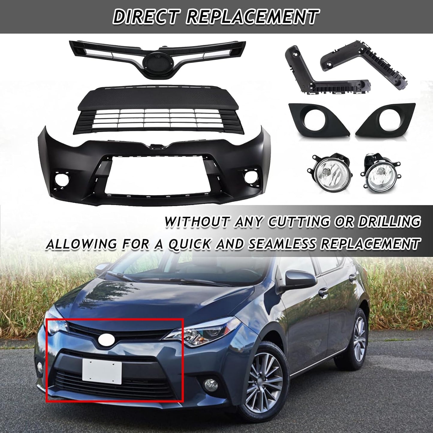 body kit, Front Upper Lower Grille & Foglights & Bumper Cover With Support Brackets Fit For 2014 2015 2016 Toyota Corolla LE CE Front Bumper Body Kit Replacement 9pcs Kit