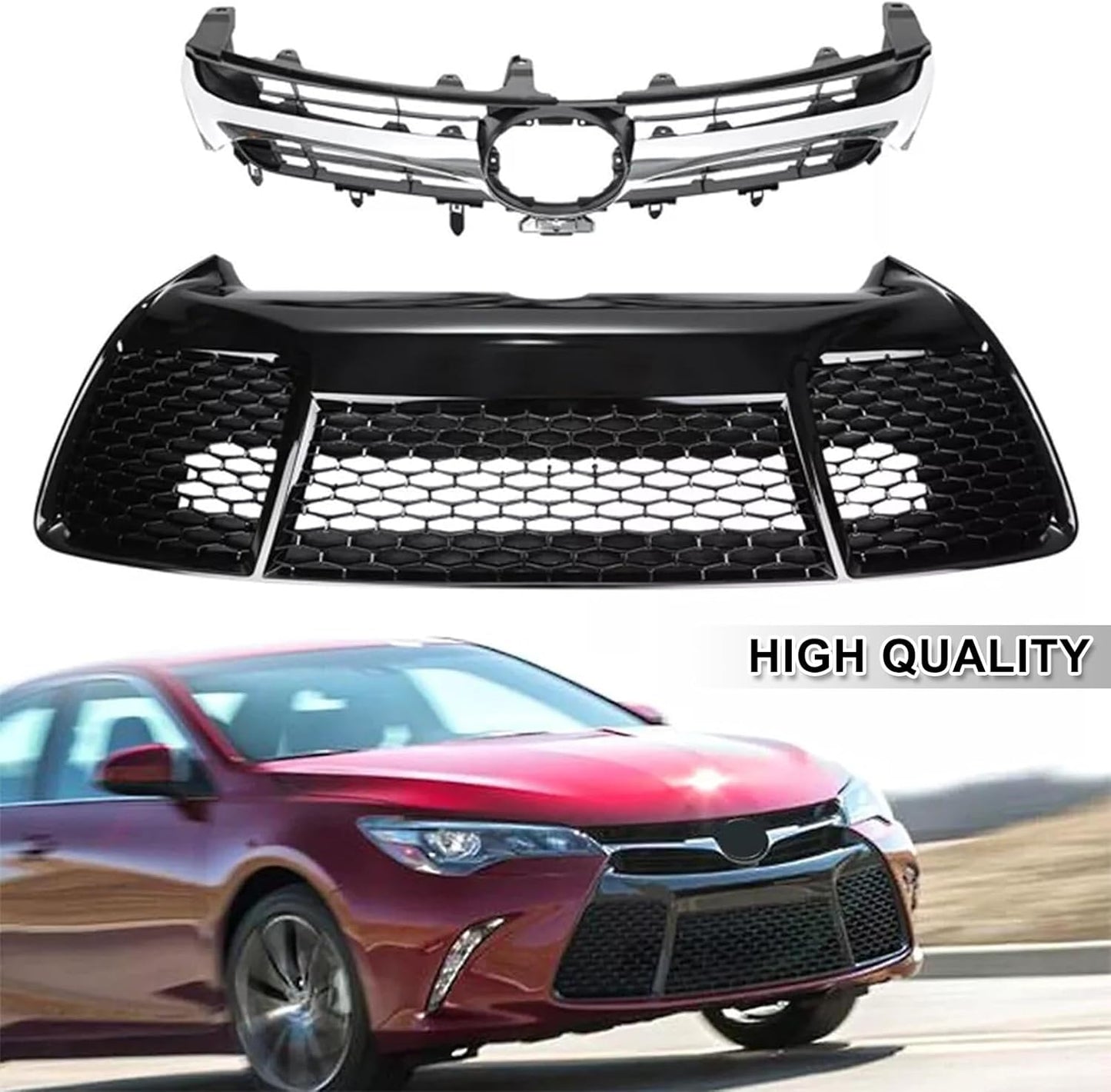 Front Bumper Upper & Lower Grille Assembly + Foglights + Bumper Support Brackets Fit For 2015 2016 2017 Toyota Camry SE Front Grille Daytime Running Lights Replace for 5311206280, 5310106421