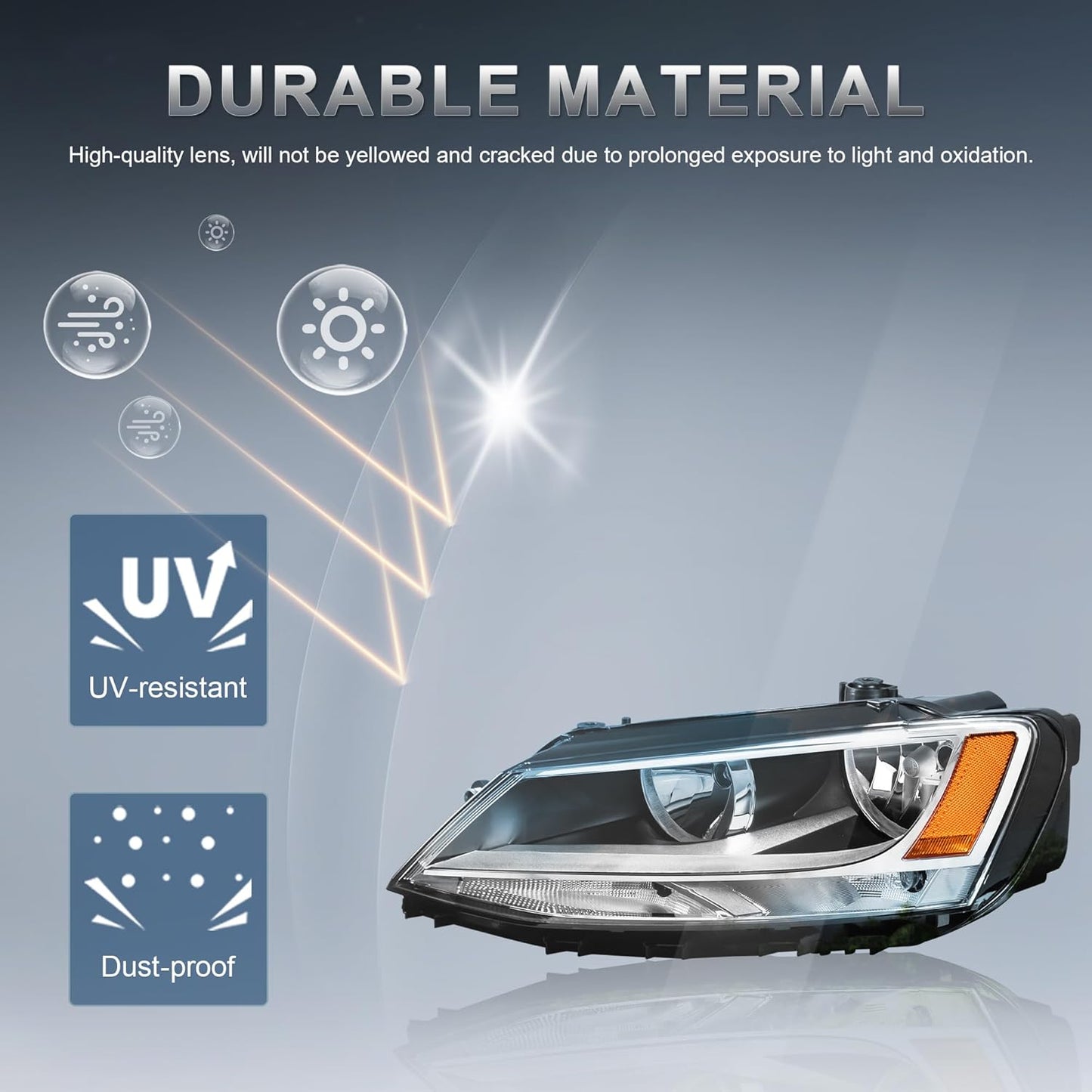 Pair Headlights Assembly OE Replacement Compatible for 2011-2018 Volkswagen Jetta Halogen Clear Lens Chrome Housing Amber Reflector Front Lamps Left and Right Side #5C7941005