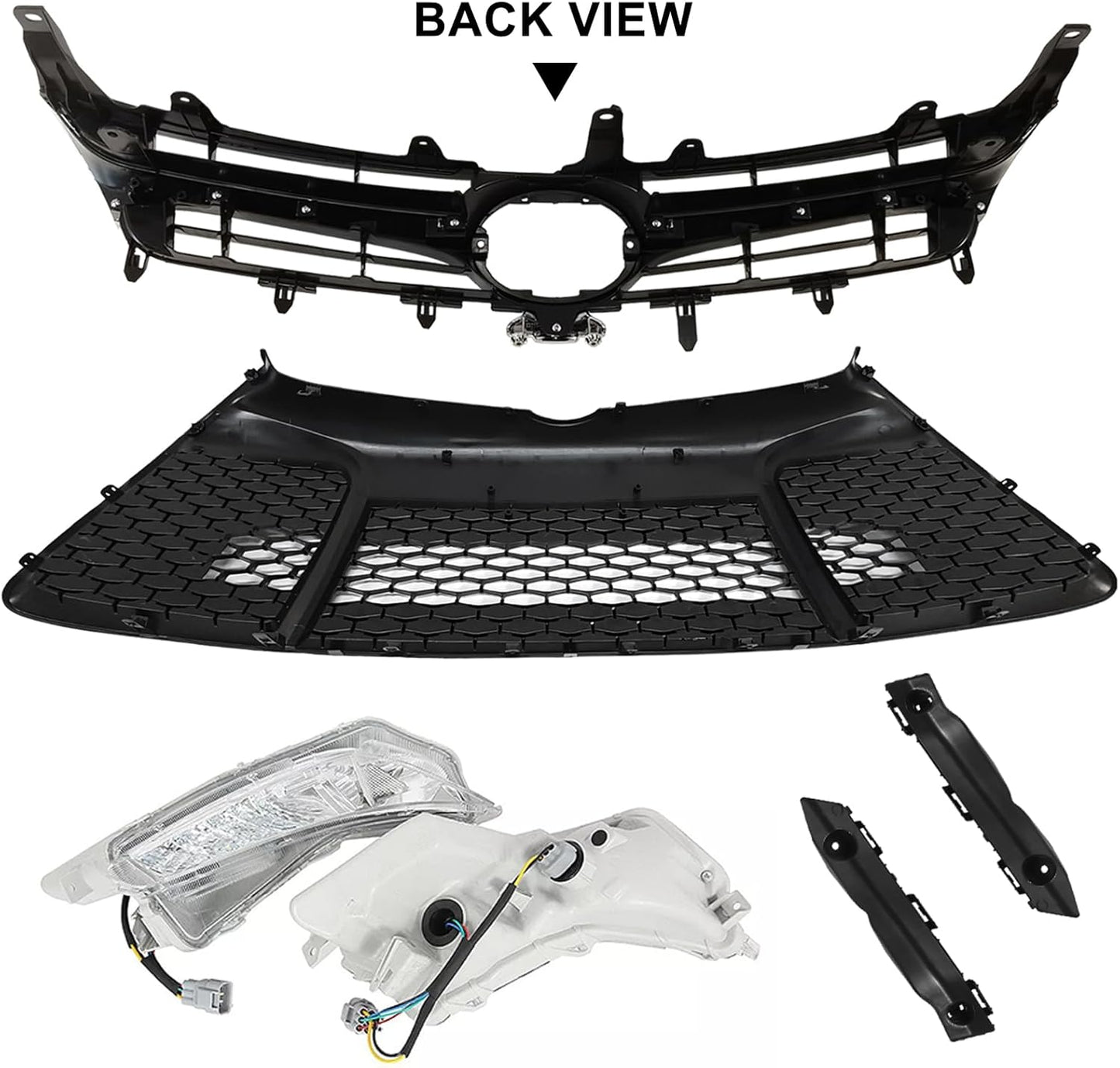 Front Bumper Upper & Lower Grille Assembly + Foglights + Bumper Support Brackets Fit For 2015 2016 2017 Toyota Camry SE Front Grille Daytime Running Lights Replace for 5311206280, 5310106421