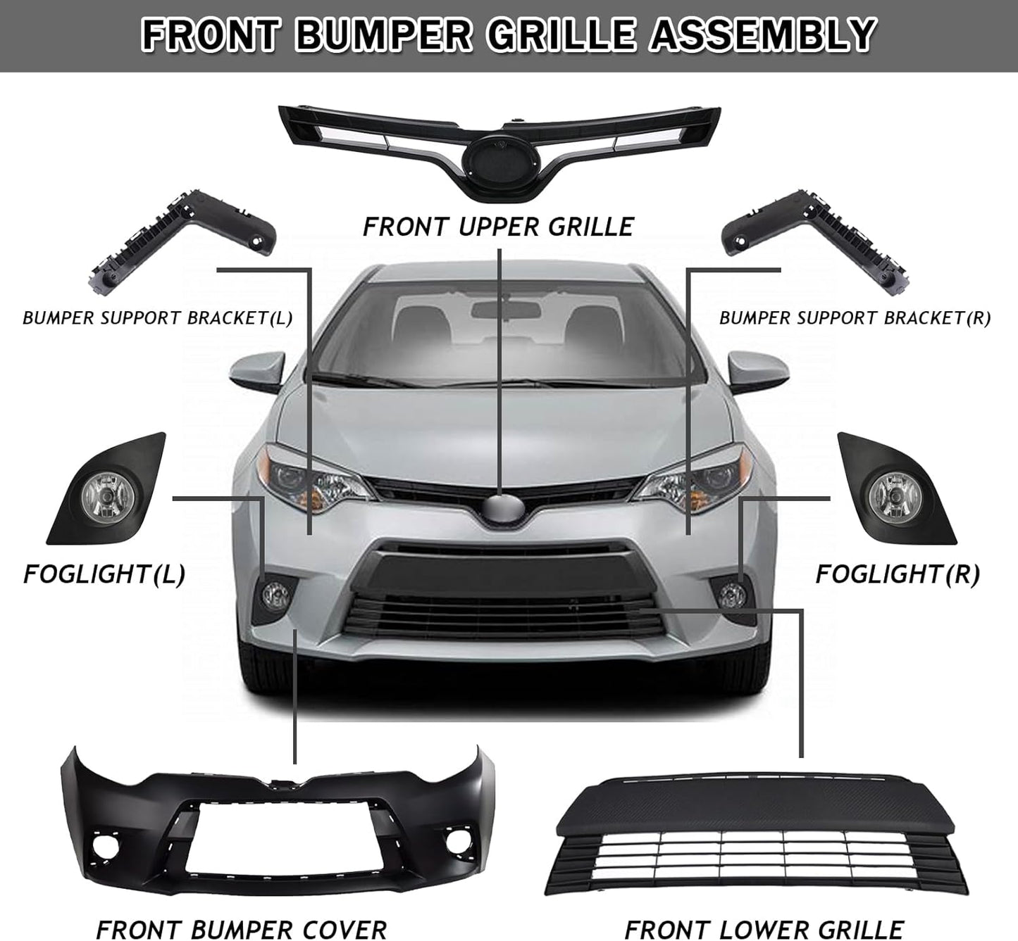 body kit, Front Upper Lower Grille & Foglights & Bumper Cover With Support Brackets Fit For 2014 2015 2016 Toyota Corolla LE CE Front Bumper Body Kit Replacement 9pcs Kit
