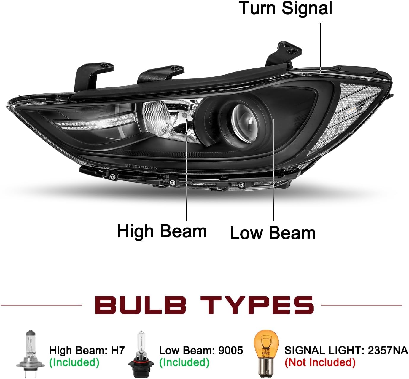 Headlight Assembly Compatible with 2017 2018 Hyundai Elantra Left and Right Side OE Style, Only Fits Halogen NON-DRL Models,