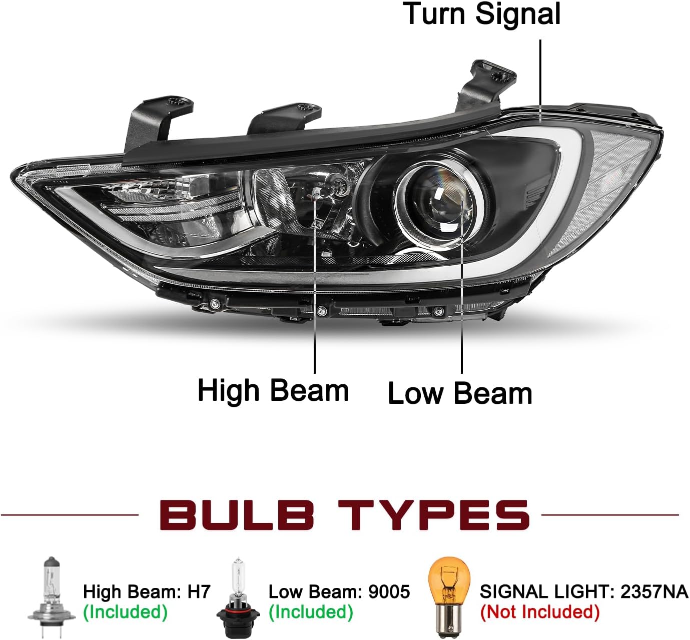 Headlight Assembly Compatible with 2017 2018 Hyundai Elantra Left and Right Side OE Style, Only Fits Halogen NON-DRL Models,