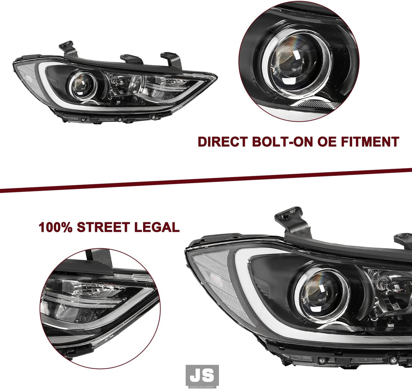 Headlight Assembly Compatible with 2017 2018 Hyundai Elantra Left and Right Side OE Style, Only Fits Halogen NON-DRL Models,