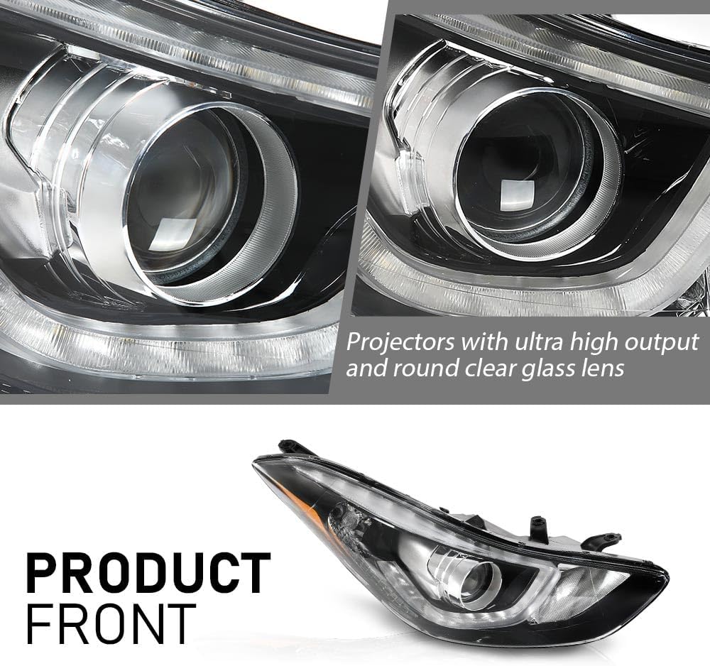 G-PLUS Headlight DRL LED Projector Right Passenger Compatible with Hyundai Elantra 2014-2016 Clear Lens Black Housing Amber Reflector Bumper Headlamps,faros delanteros