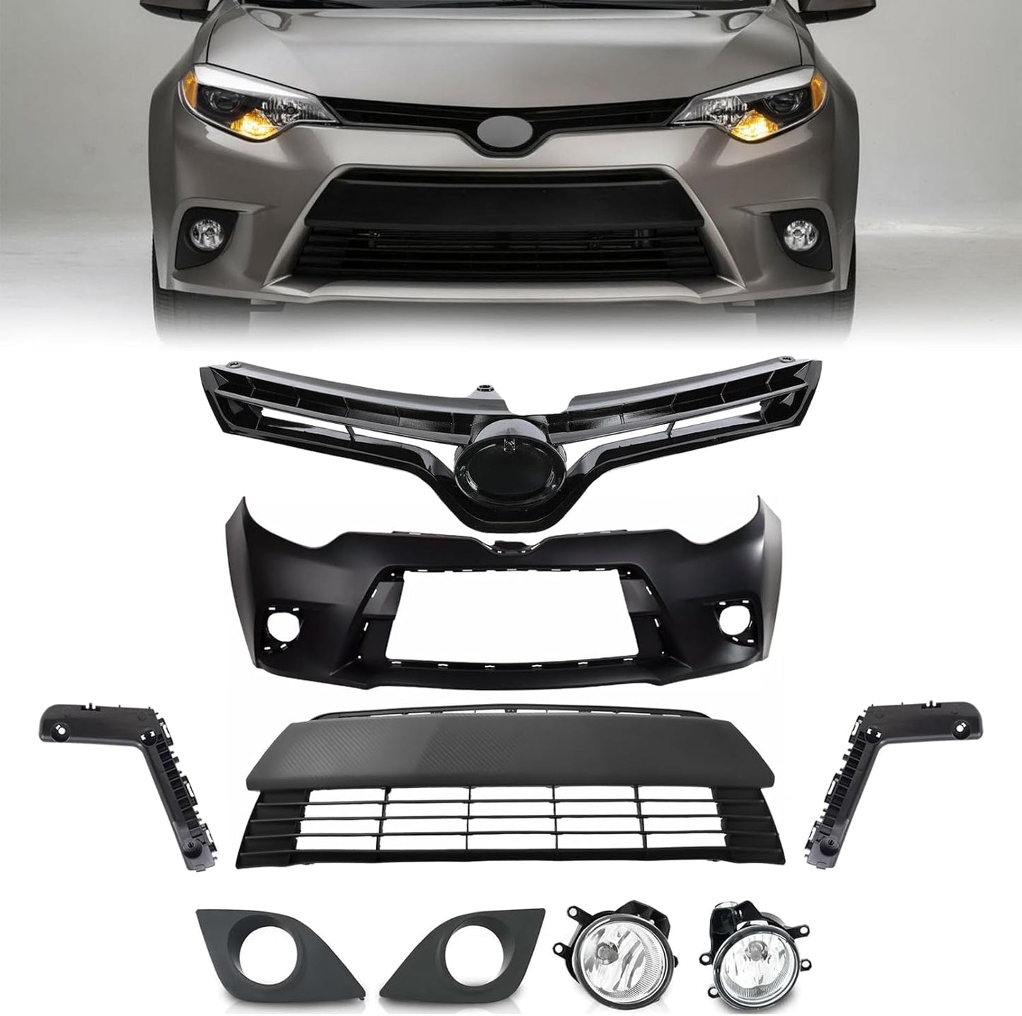 body kit, Front Upper Lower Grille & Foglights & Bumper Cover With Support Brackets Fit For 2014 2015 2016 Toyota Corolla LE CE Front Bumper Body Kit Replacement 9pcs Kit