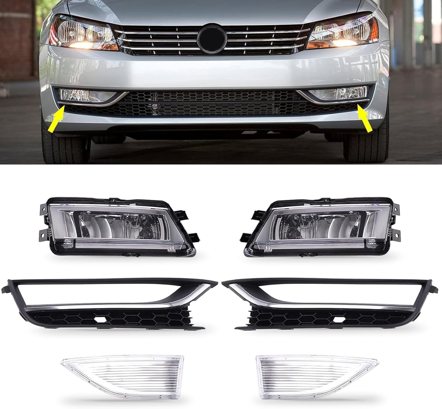 Fog Light Set Fit for Volkswagen VW Passat 2012 2013 2014 2015 Front Driving Fog Lamp Kit with Bezels Chrome Trim