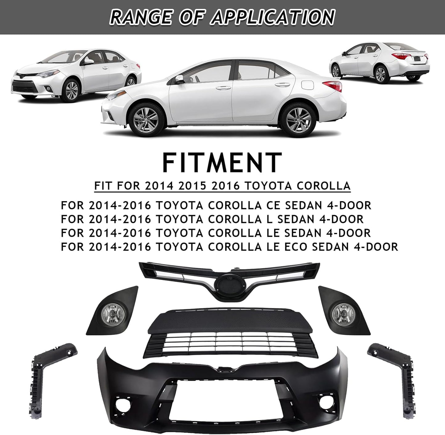 body kit, Front Upper Lower Grille & Foglights & Bumper Cover With Support Brackets Fit For 2014 2015 2016 Toyota Corolla LE CE Front Bumper Body Kit Replacement 9pcs Kit