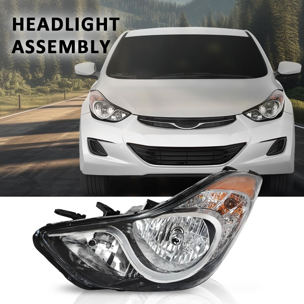 G-PLUS Headlight DRL LED Projector Right Passenger Compatible with Hyundai Elantra 2014-2016 Clear Lens Black Housing Amber Reflector Bumper Headlamps,faros delanteros