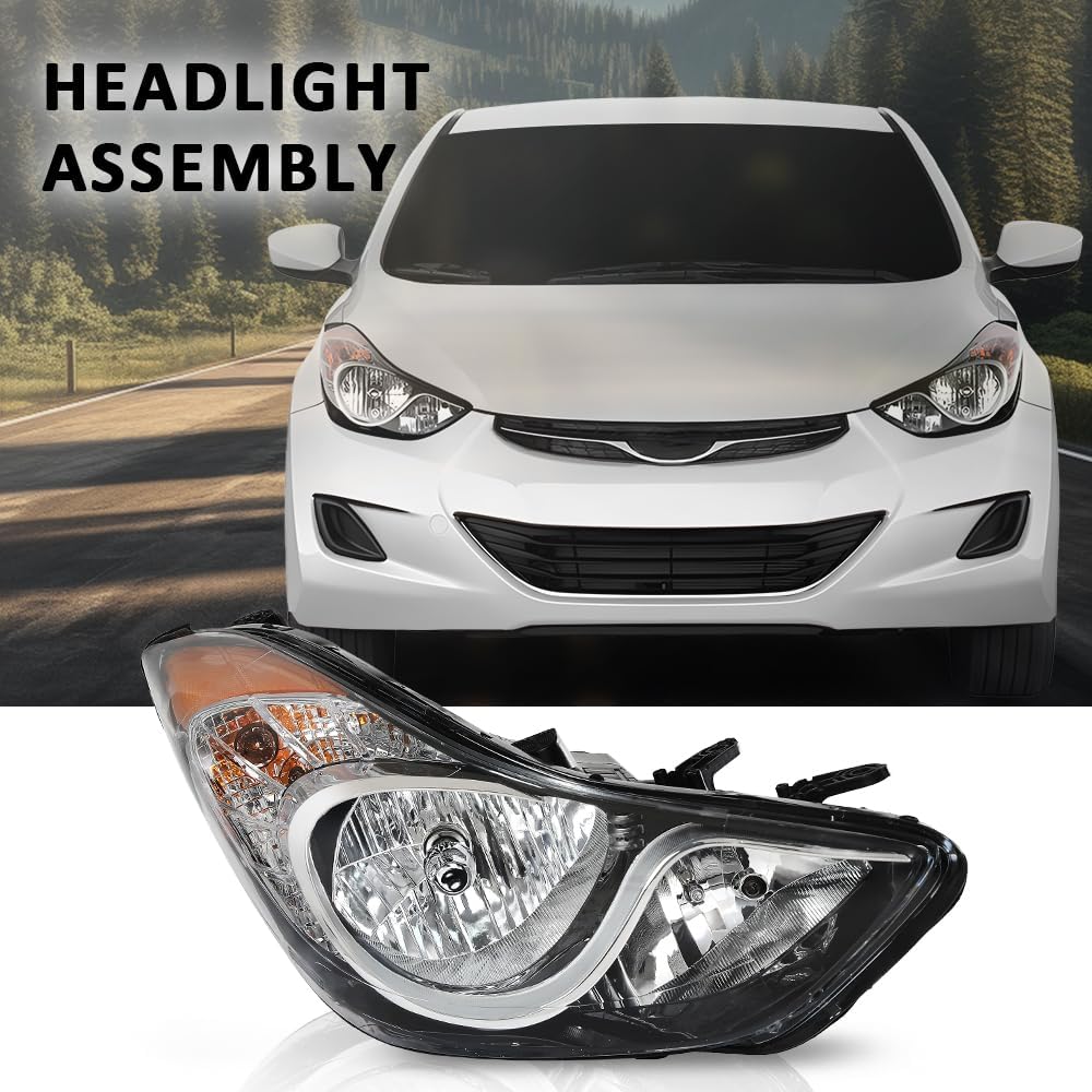 G-PLUS Headlight DRL LED Projector Right Passenger Compatible with Hyundai Elantra 2014-2016 Clear Lens Black Housing Amber Reflector Bumper Headlamps,faros delanteros