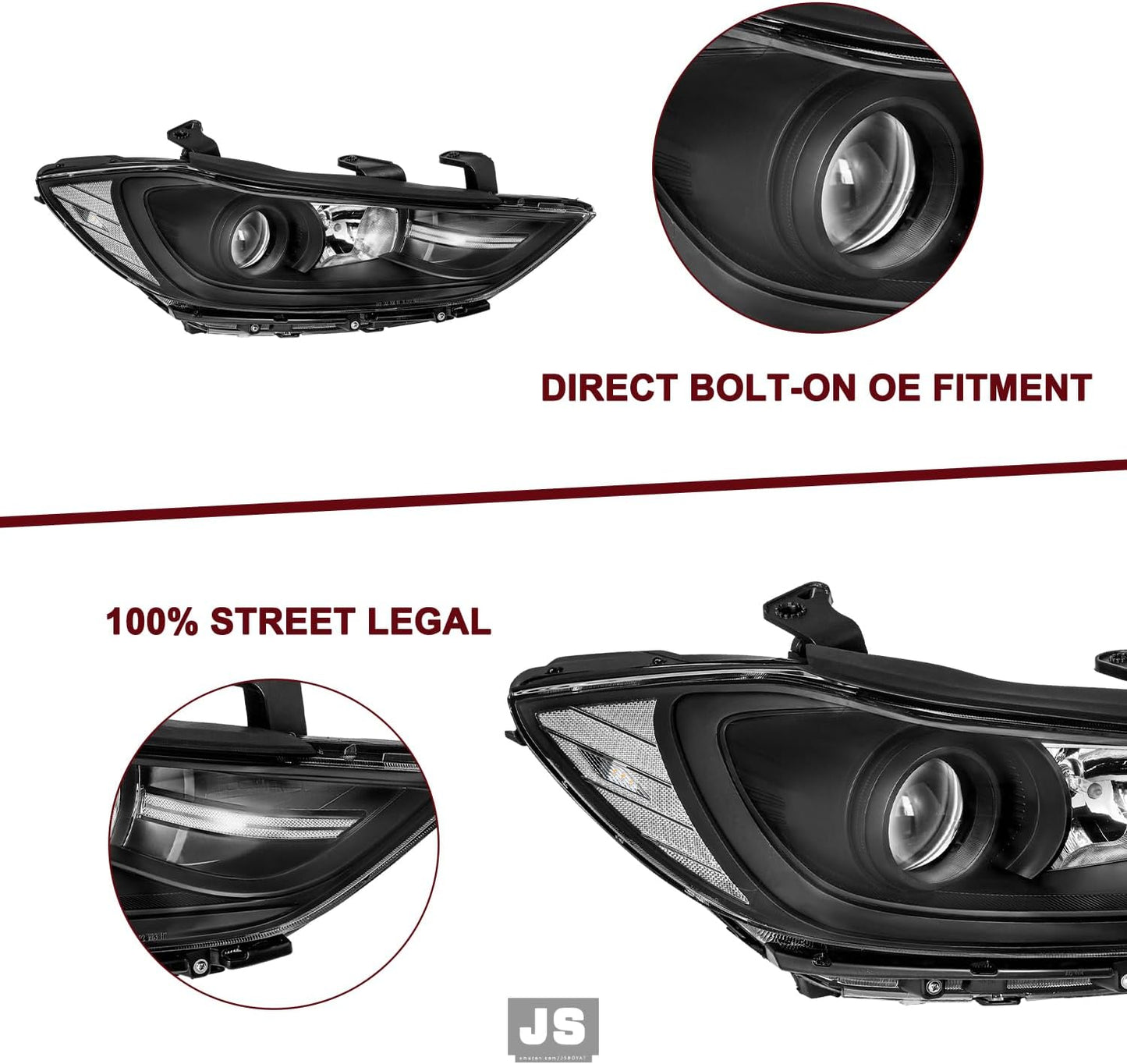 Headlight Assembly Compatible with 2017 2018 Hyundai Elantra Left and Right Side OE Style, Only Fits Halogen NON-DRL Models,
