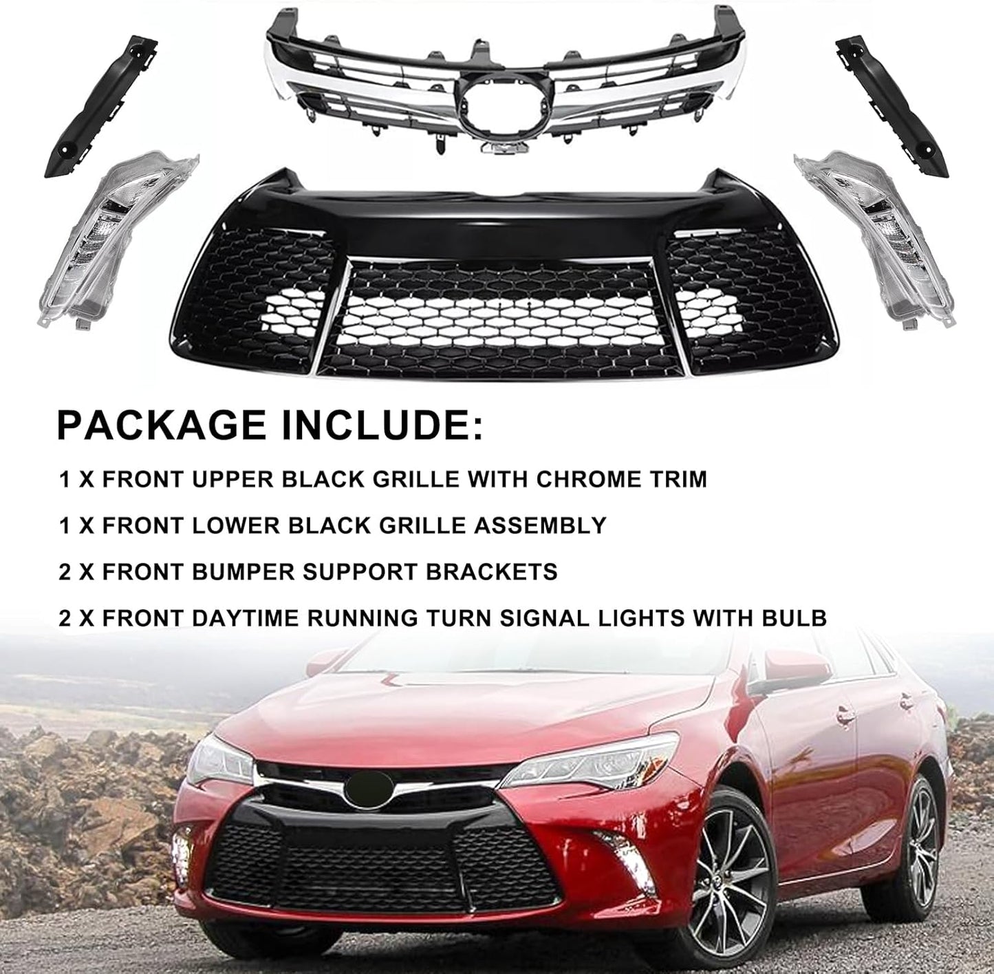 Front Bumper Upper & Lower Grille Assembly + Foglights + Bumper Support Brackets Fit For 2015 2016 2017 Toyota Camry SE Front Grille Daytime Running Lights Replace for 5311206280, 5310106421