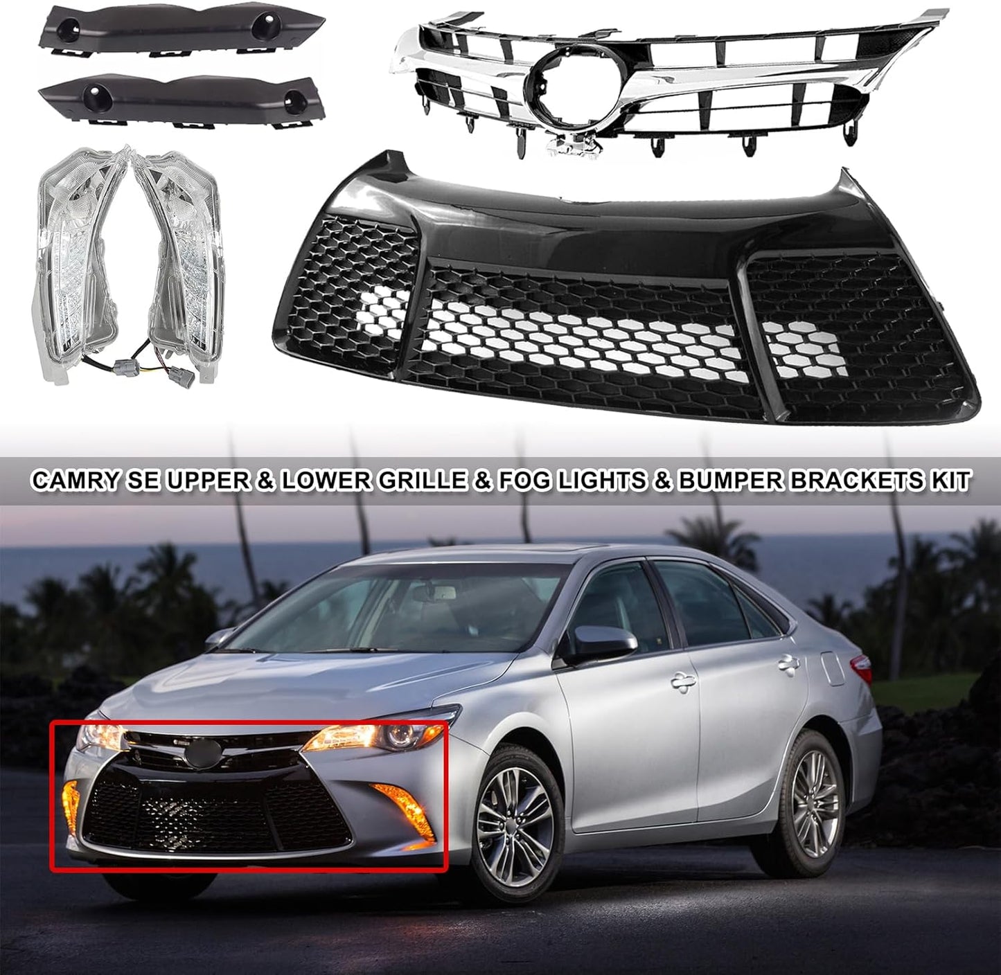 Front Bumper Upper & Lower Grille Assembly + Foglights + Bumper Support Brackets Fit For 2015 2016 2017 Toyota Camry SE Front Grille Daytime Running Lights Replace for 5311206280, 5310106421