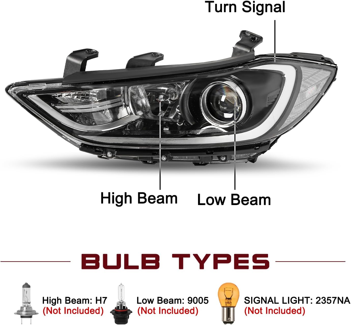 Headlight Assembly Compatible with 2017 2018 Hyundai Elantra Left and Right Side OE Style, Only Fits Halogen NON-DRL Models,