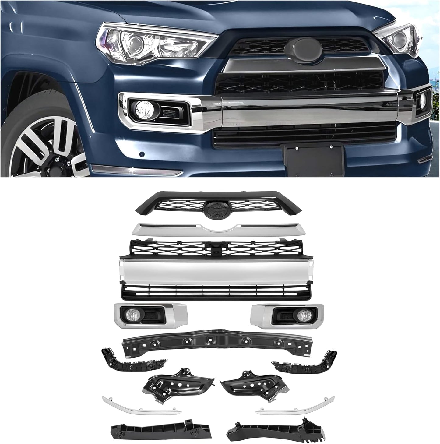 Body Kits Front Bumper and Grille Combo Set Compatible with 2014-2020 Toyota 4Runner Limited Upper & Lower Grille Fog Light Assembly Molding Headlight Bracket Front Bumper Bracket Black