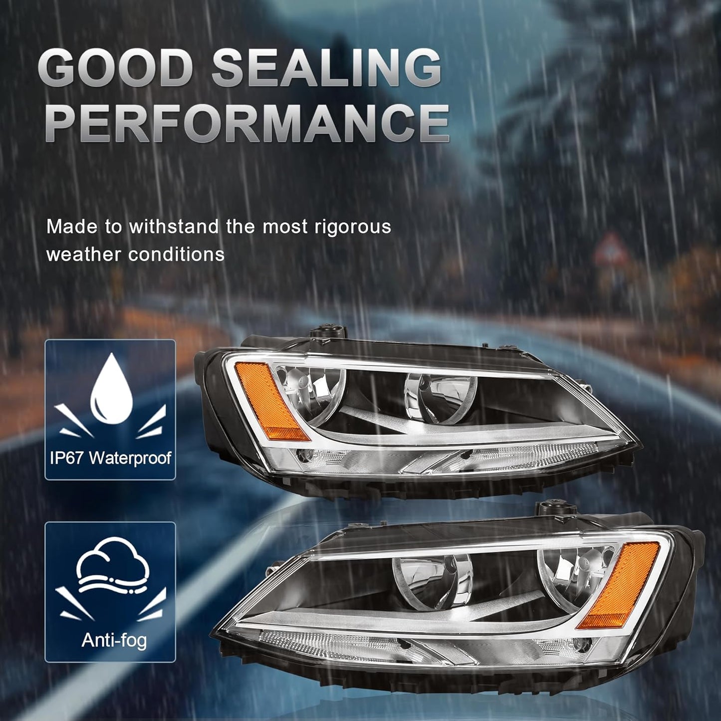 Pair Headlights Assembly OE Replacement Compatible for 2011-2018 Volkswagen Jetta Halogen Clear Lens Chrome Housing Amber Reflector Front Lamps Left and Right Side #5C7941005