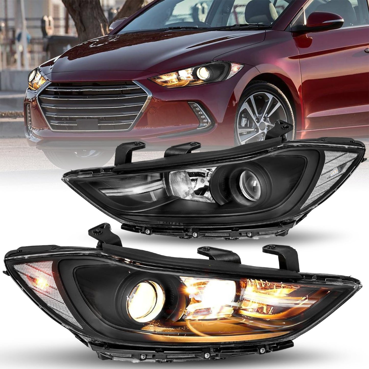 Headlight Assembly Compatible with 2017 2018 Hyundai Elantra Left and Right Side OE Style, Only Fits Halogen NON-DRL Models,