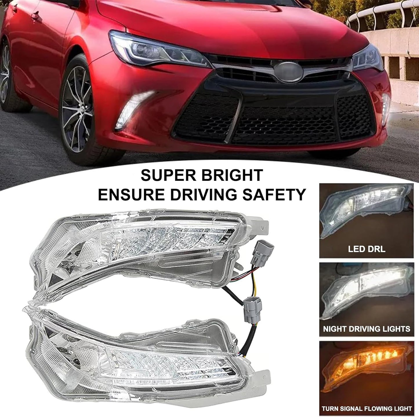 Front Bumper Upper & Lower Grille Assembly + Foglights + Bumper Support Brackets Fit For 2015 2016 2017 Toyota Camry SE Front Grille Daytime Running Lights Replace for 5311206280, 5310106421