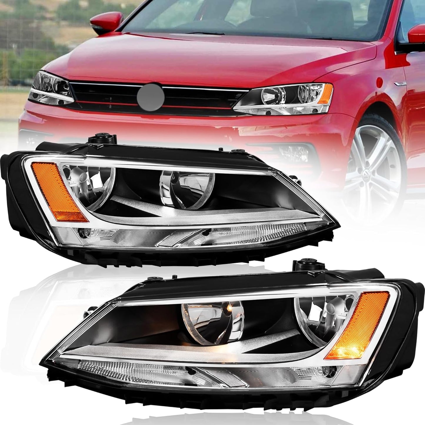 Pair Headlights Assembly OE Replacement Compatible for 2011-2018 Volkswagen Jetta Halogen Clear Lens Chrome Housing Amber Reflector Front Lamps Left and Right Side #5C7941005