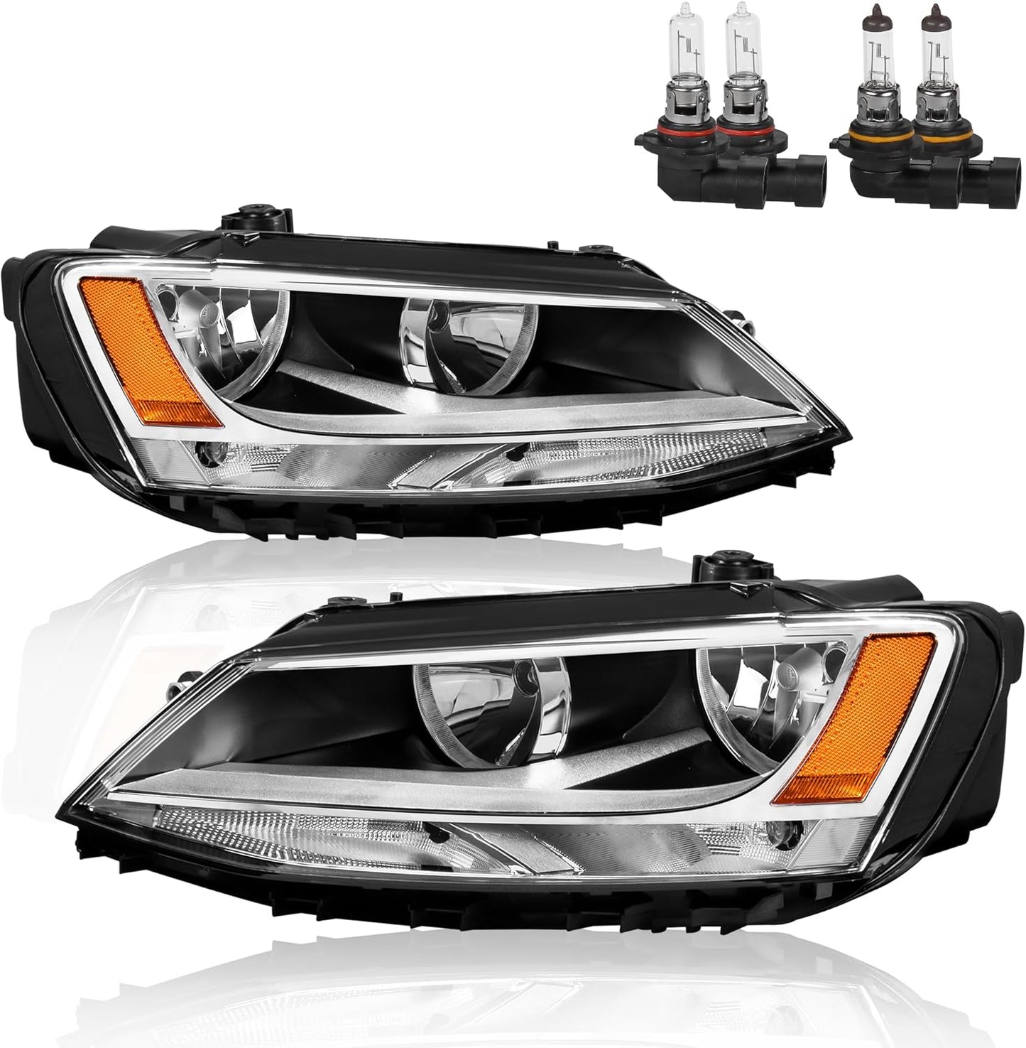 Pair Headlights Assembly OE Replacement Compatible for 2011-2018 Volkswagen Jetta Halogen Clear Lens Chrome Housing Amber Reflector Front Lamps Left and Right Side #5C7941005