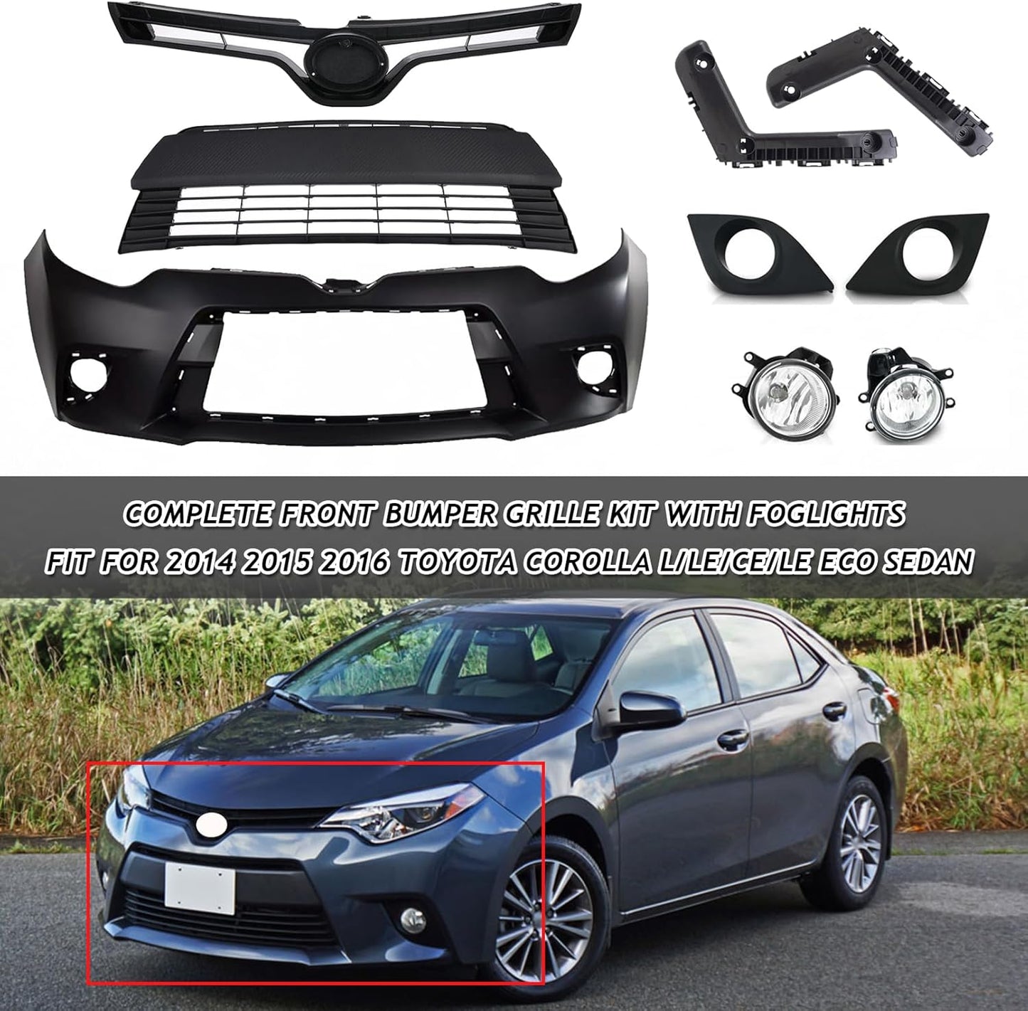 body kit, Front Upper Lower Grille & Foglights & Bumper Cover With Support Brackets Fit For 2014 2015 2016 Toyota Corolla LE CE Front Bumper Body Kit Replacement 9pcs Kit