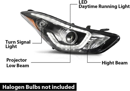 G-PLUS Headlight DRL LED Projector Right Passenger Compatible with Hyundai Elantra 2014-2016 Clear Lens Black Housing Amber Reflector Bumper Headlamps,faros delanteros