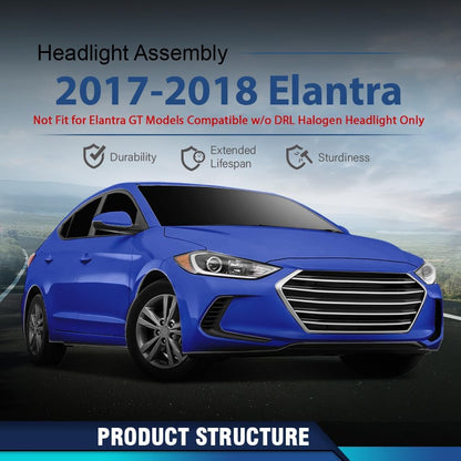 Headlight Assembly Compatible with 2017 2018 Hyundai Elantra Front Halogen Headlamp Replacement Driver & Passenger Side Black Housing Amber Reflector