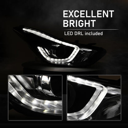 G-PLUS Headlight DRL LED Projector Right Passenger Compatible with Hyundai Elantra 2014-2016 Clear Lens Black Housing Amber Reflector Bumper Headlamps,faros delanteros