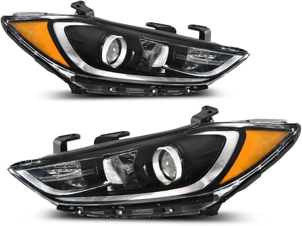 Headlight Assembly Compatible with 2017 2018 Hyundai Elantra Front Halogen Headlamp Replacement Driver & Passenger Side Black Housing Amber Reflector