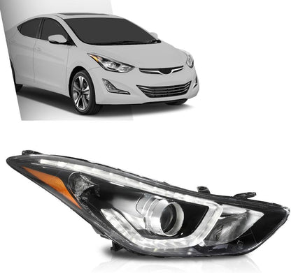 G-PLUS Headlight DRL LED Projector Right Passenger Compatible with Hyundai Elantra 2014-2016 Clear Lens Black Housing Amber Reflector Bumper Headlamps,faros delanteros