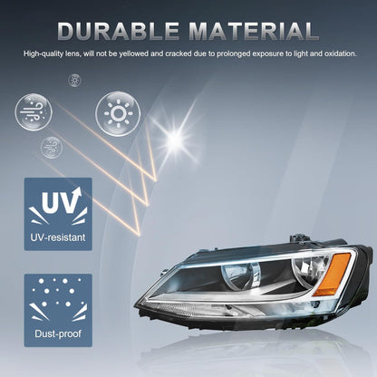 Pair Headlights Assembly OE Replacement Compatible for 2011-2018 Volkswagen Jetta Halogen Clear Lens Chrome Housing Amber Reflector Front Lamps Left and Right Side #5C7941005