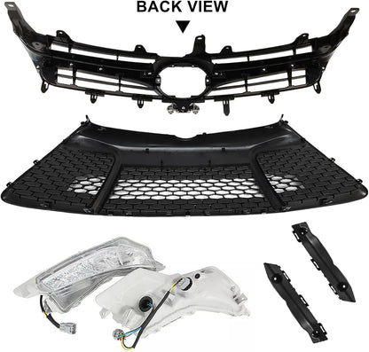 Front Bumper Upper & Lower Grille Assembly + Foglights + Bumper Support Brackets Fit For 2015 2016 2017 Toyota Camry SE Front Grille Daytime Running Lights Replace for 5311206280, 5310106421