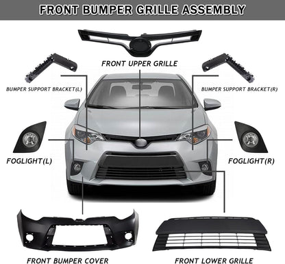 body kit, Front Upper Lower Grille & Foglights & Bumper Cover With Support Brackets Fit For 2014 2015 2016 Toyota Corolla LE CE Front Bumper Body Kit Replacement 9pcs Kit