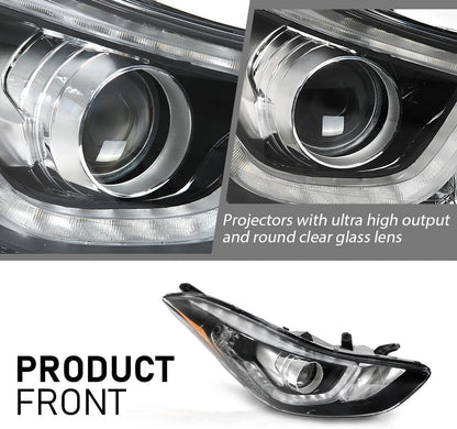 G-PLUS Headlight DRL LED Projector Right Passenger Compatible with Hyundai Elantra 2014-2016 Clear Lens Black Housing Amber Reflector Bumper Headlamps,faros delanteros