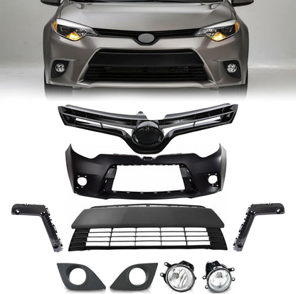 body kit, Front Upper Lower Grille & Foglights & Bumper Cover With Support Brackets Fit For 2014 2015 2016 Toyota Corolla LE CE Front Bumper Body Kit Replacement 9pcs Kit