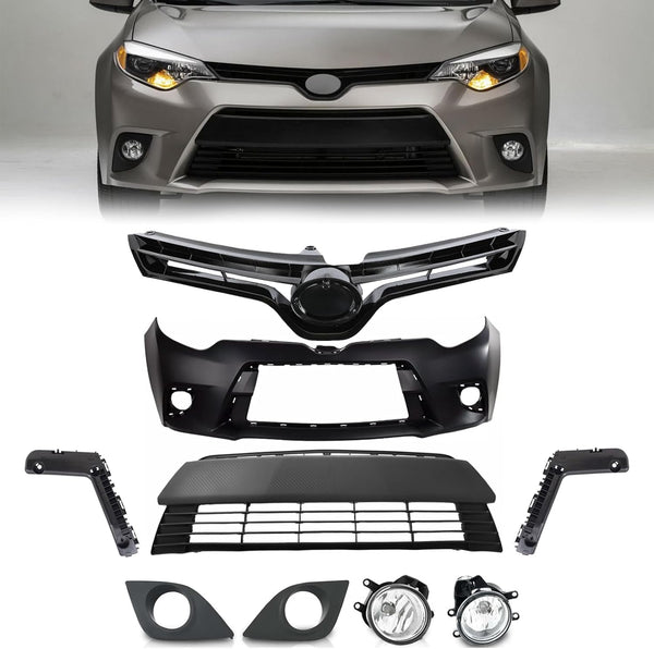 body kit, Front Upper Lower Grille & Foglights & Bumper Cover With Support Brackets Fit For 2014 2015 2016 Toyota Corolla LE CE Front Bumper Body Kit Replacement 9pcs Kit