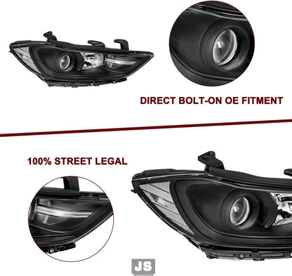 Headlight Assembly Compatible with 2017 2018 Hyundai Elantra Left and Right Side OE Style, Only Fits Halogen NON-DRL Models,