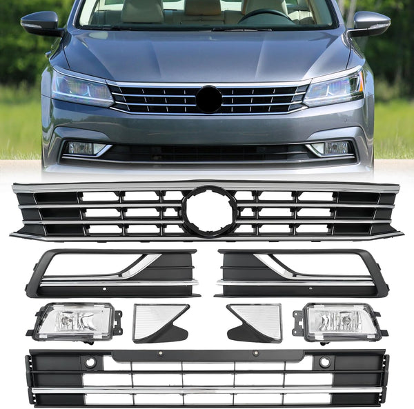 body kit  Front Bumper Upper Lower Grille + Fog Lamp Cover w/Fog Light & Reflector Compatible with 2016-2019 VW Volkswagen Passat